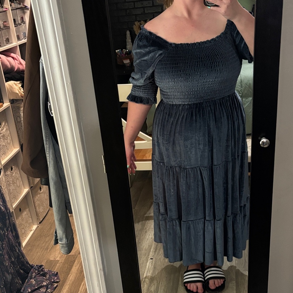Baltic Born Smocked Off-Shoulder Tiered Midi Dress in Charcoal Blue